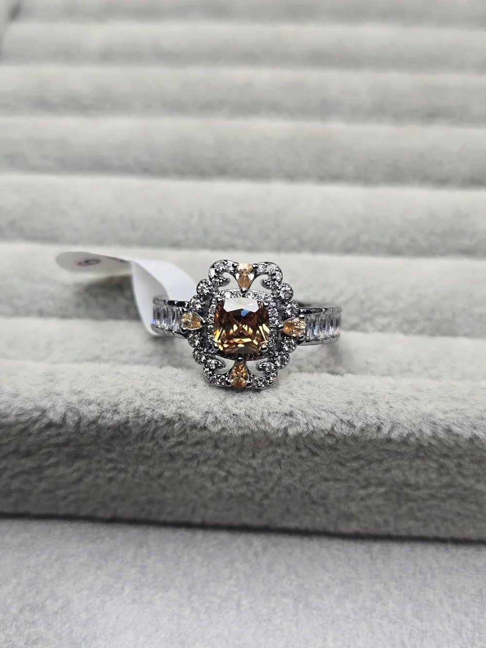 Size 9 Brown Tourmaline Champagne Colored Hematite Plated Bomb Party Ring